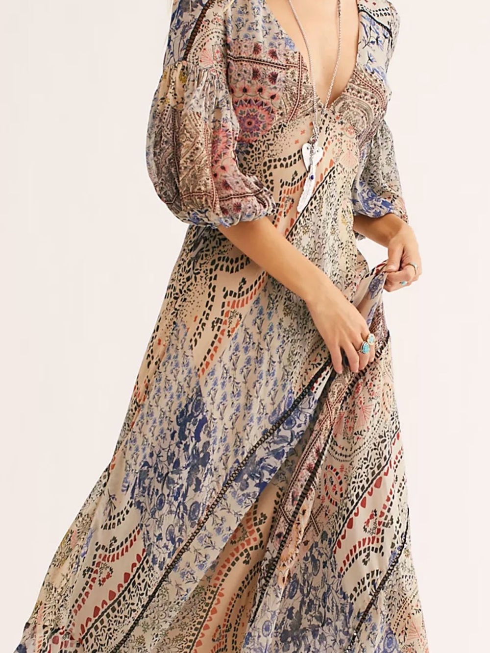 FREE PEOPLE “Moroccan Dreams” Boho Maxi Dress ~ SZ 8 ~ beige/blue/multi ~ NWT! - Picture 7 of 17